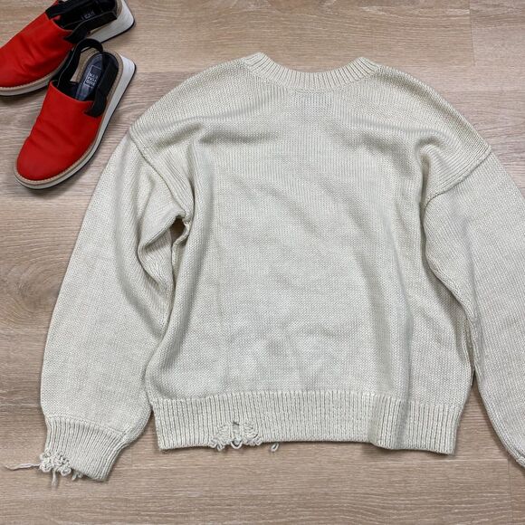 Wild Fox Wool Blend Distressed Crew Neck Sweater Women L‎ Color Ivory - Picture 6 of 7